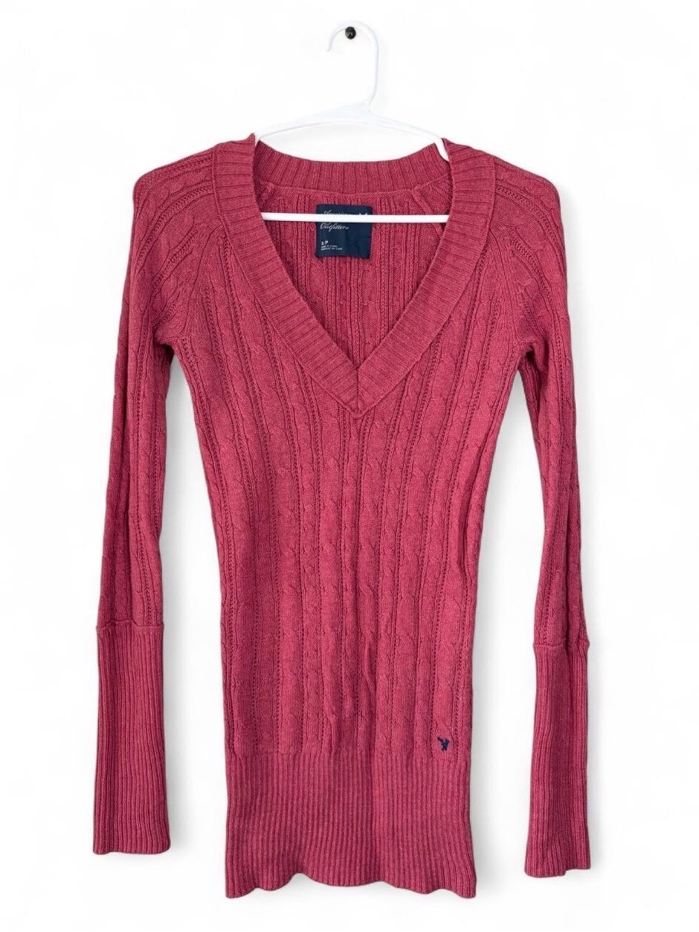 American Eagle Y2K Early 2000s Cable Knit Fitted V-Neck Sweater